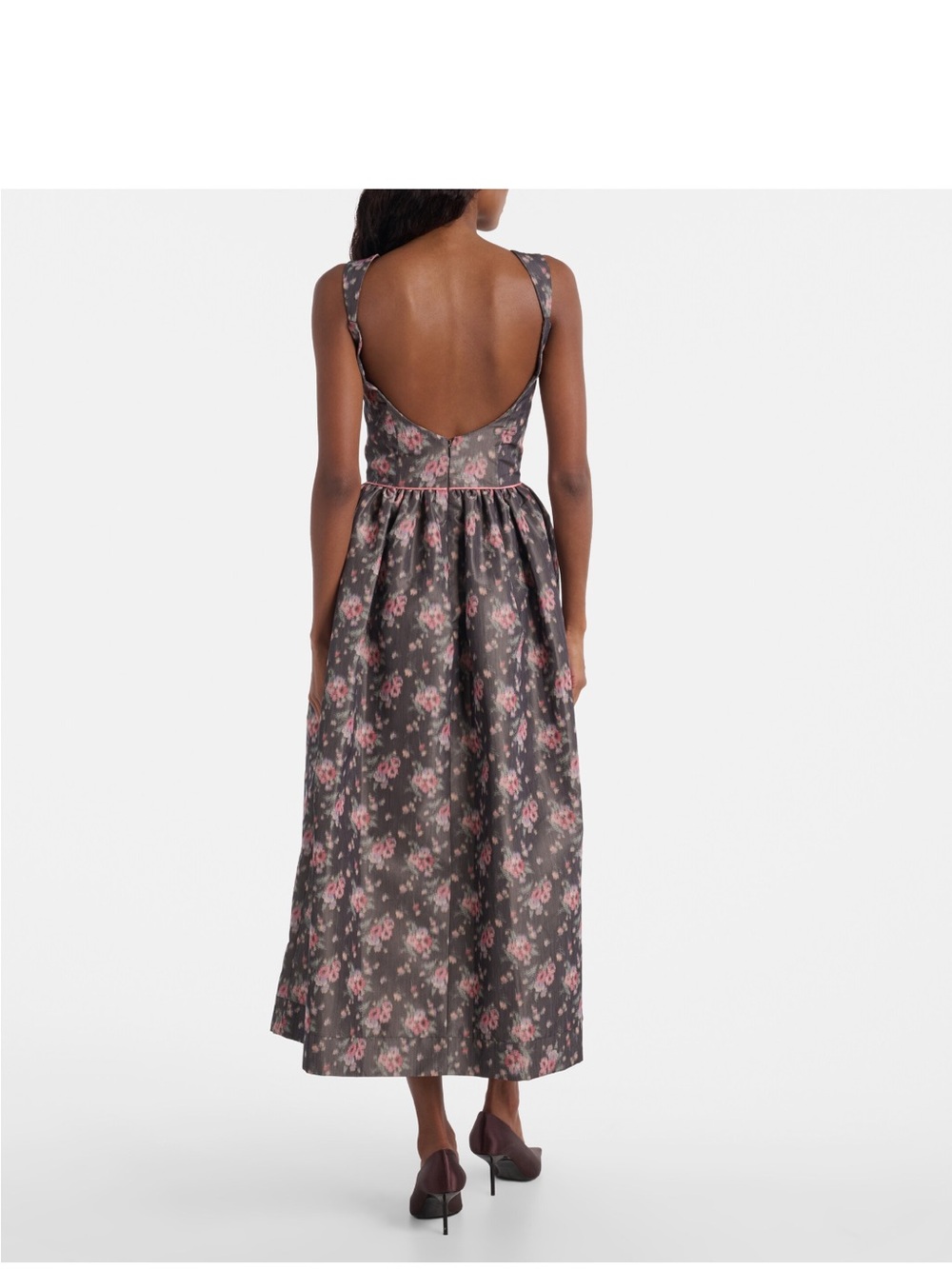 Markarian Charcoal Floral Scoop-Back Midi Dress with Pink Blooms
